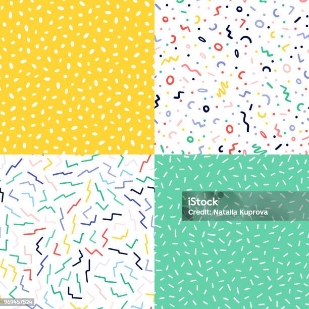 Hand Drawn Colorful Abstract Confetti Seamless Pattern Set Pop Art Fashion Festival Abstract Background In Style Stock Illustration - Download Image Now
