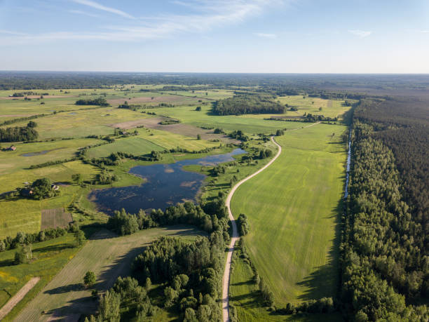 istock drone image. aerial view of countryside road network, cultivated fields and forest textures 969457828