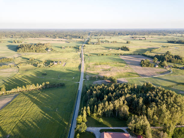 istock drone image. asphalt road surrounded by pine forest and fields from above 969461064