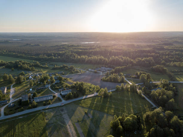 istock drone image. aerial view of rural sunset with long shadows 969461084