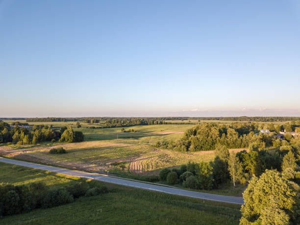 istock drone image. asphalt road surrounded by pine forest and fields from above 969461260