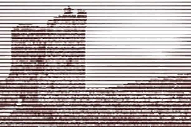 Vector illustration of Image collage of the ruins of the ancient fortress at sunset from horizontal lines and paths of variable thickness color brown on white background. Vector illustration.