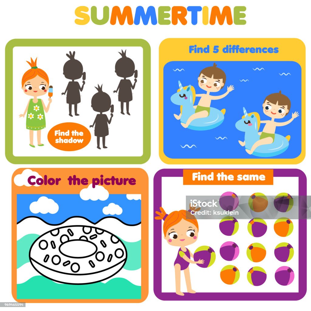 Activity page for kids. Educational children game set. Summer holidays theme Activity page for kids. Educational children game. Summer holidays theme Book stock vector