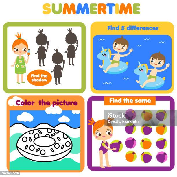 Activity Page For Kids Educational Children Game Set Summer Holidays Theme Stock Illustration - Download Image Now