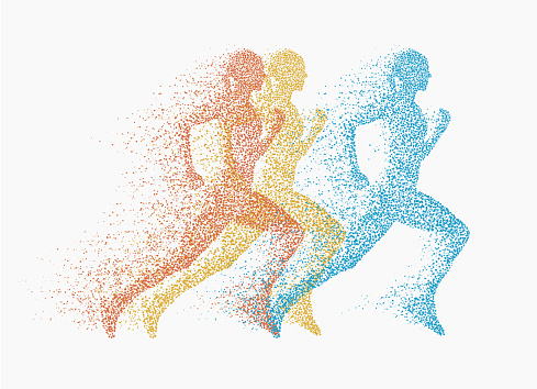 Running people. Vector silhoettes made from dots and particles.