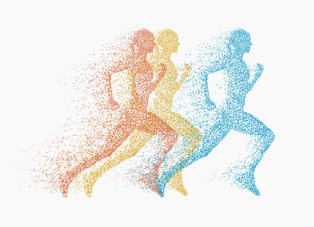 Running people. Vector silhoettes made from dots and particles. Running people. Vector silhoettes made from dots and particles. run stock illustrations