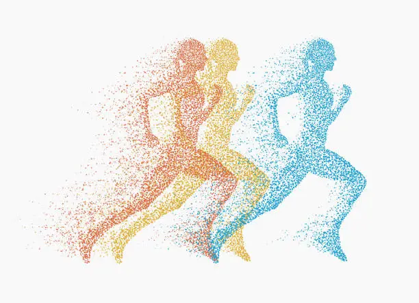 Vector illustration of Running people. Vector silhoettes made from dots and particles.