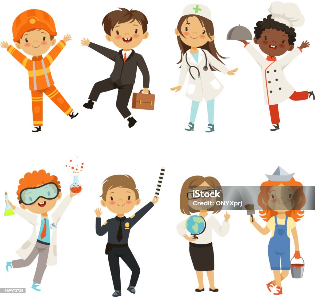 Young kids boys and girls of different professions Young kids boys and girls of different professions. Policeman and painter, chemist male kid. Vector illustration Child stock vector