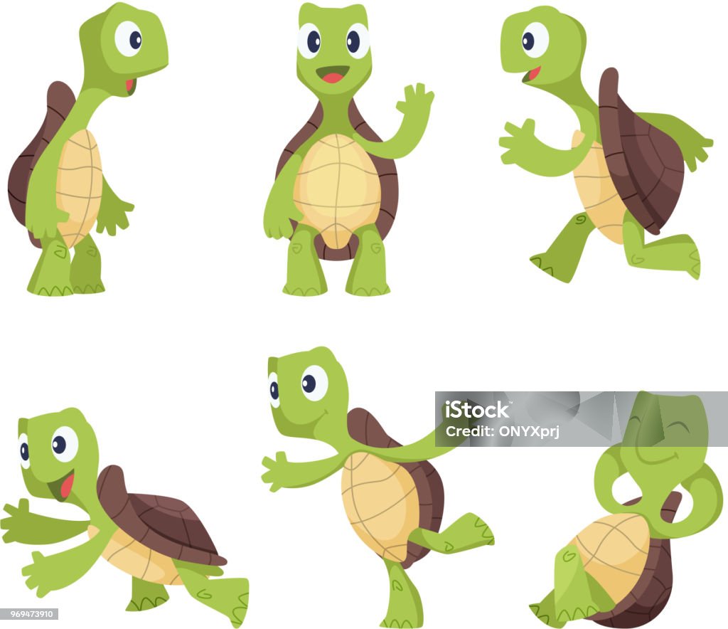 Personnages de dessin animé drôle de tortues dans différentes poses - clipart vectoriel de Tortue aquatique libre de droits