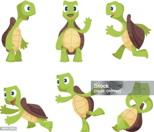 Personnages De Dessin Animé Drôle De Tortues Dans Différentes Poses Vecteurs libres de droits et plus d'images vectorielles de Tortue aquatique