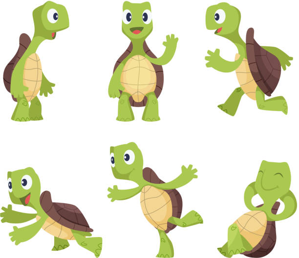 Funny cartoon characters of turtles in various poses Funny cartoon characters of turtles in various poses. Turtle happy animal, tortoise cute and cheerful. Vector illustration turtle stock illustrations