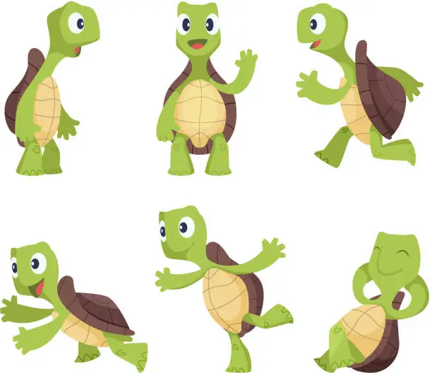 Vector illustration of Funny cartoon characters of turtles in various poses