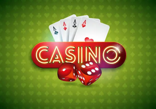 Vector illustration of Vector illustration on a casino theme with shiny neon light letter and poker cards on green background. Gambling design for greeting card, poster, invitation or promo banner.