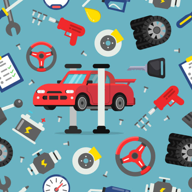 ilustraciones, imágenes clip art, dibujos animados e iconos de stock de patrón sin fisuras con fotos de auto repuestos - car backgrounds battery service