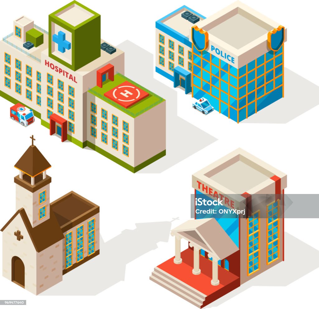 Isometric pictures of municipal buildings. Vector 3d architecture isolate on white Isometric pictures of municipal buildings. Vector 3d architecture isolate on white. Illustration of police and hospital, church and theatre Three Dimensional stock vector