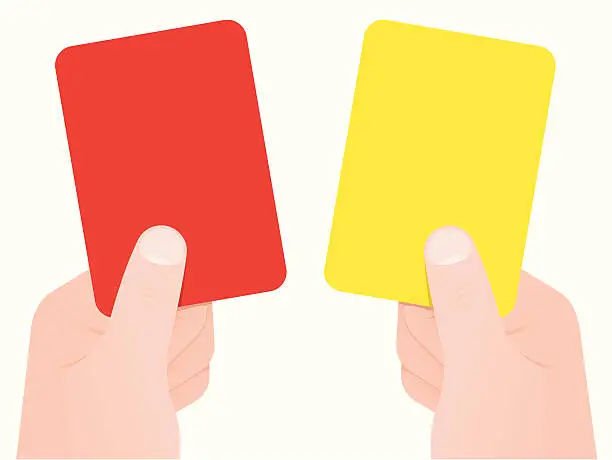 Vector illustration of Two hands holding red and yellow card