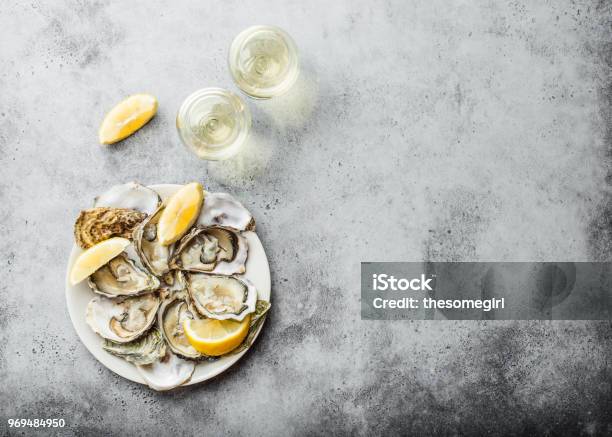 Fresh Opened Oysters Stock Photo - Download Image Now - Oyster, Wine, Champagne