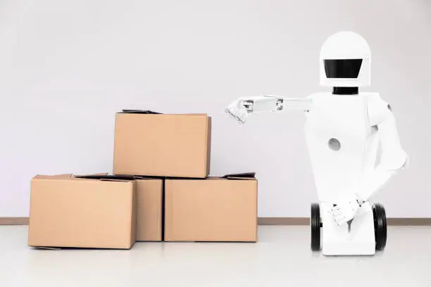 service roboter in a room with lot of boxes, concept moving company