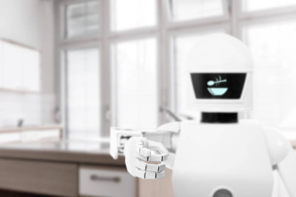 autonomous service robot as butler or cook in the kitchen, is doing the homework like cooking