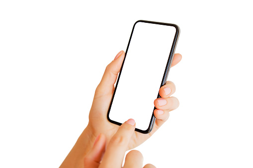 Person using phone with empty white screen. Mobile app mockup for your design.