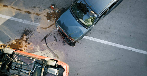 Car accident Elevated view of broken cars after accident. car accident photos stock pictures, royalty-free photos & images