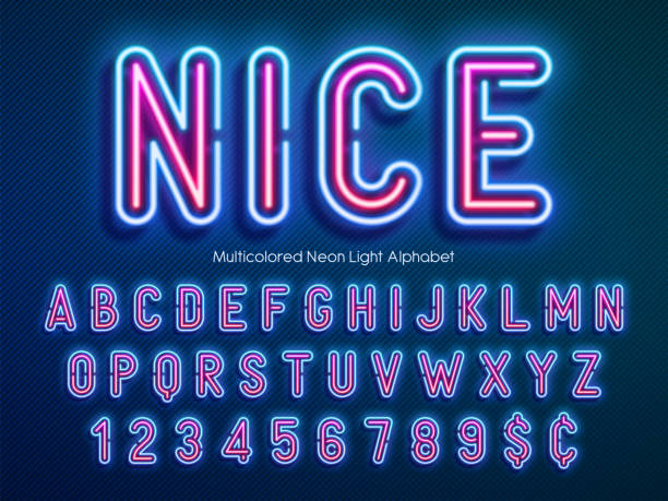 illustrazioni stock, clip art, cartoni animati e icone di tendenza di alfabeto chiaro al neon, font extra incandescente multicolore - fonte di elettricità