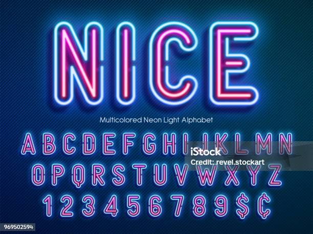 네온 빛 알파벳 여러 여분의 빛나는 글꼴 네온에 대한 스톡 벡터 아트 및 기타 이미지 - 네온, 컴퓨터 글자, 문자