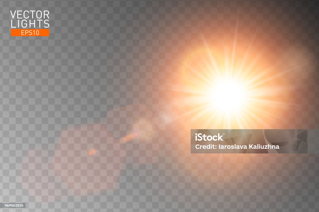 Vector transparent sunlight special lens flare. Abstract sun flash rays and spotlight. Golden front translucent special light effect design. Isolated background. Decor element. Horizontal star burst Sunlight stock vector