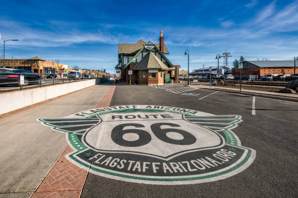 FLAGSTAFF, ARIZONA, USA - JANUARY 19, 2018: Historic train station in Flagstaff. It is located on Route 66 and is formerly known as Atchison, Topeka and Santa Fe Railway depot.