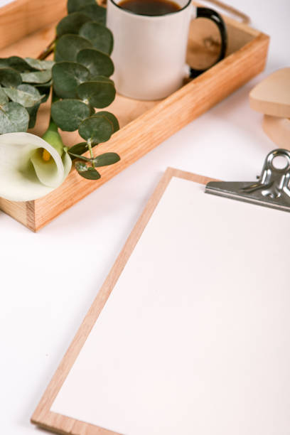 istock Blank page wooden tablet  tray and plants 969504750
