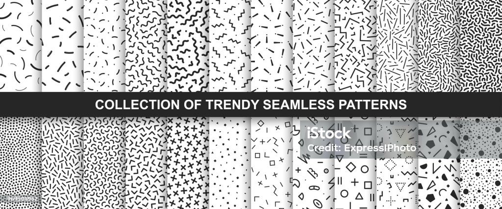 Big collection of   seamless vector patterns. Fashion design 80-90s. Black and white textures. - Royalty-free Padrão arte vetorial