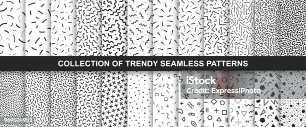 Big Collection Of Seamless Vector Patterns Fashion Design 8090s Black And White Textures - Arte vetorial de stock e mais imagens de Padrão