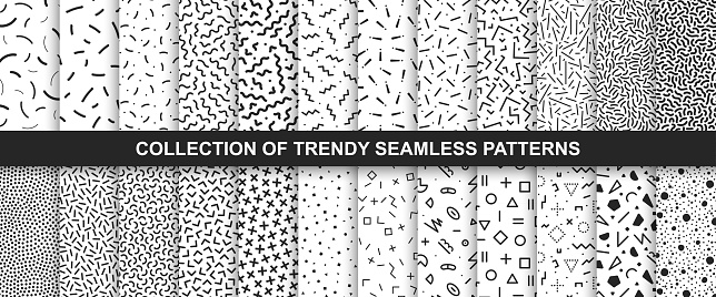 Big collection of   seamless vector patterns. Fashion design 80-90s. Black and white textures. You can find repeatable backgrounds in swatches panel.