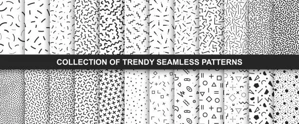 Vector illustration of Big collection of   seamless vector patterns. Fashion design 80-90s. Black and white textures.