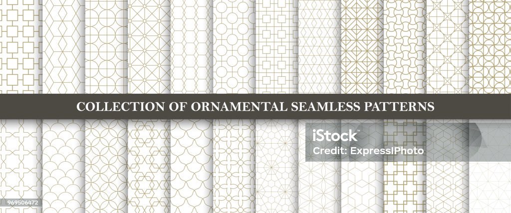 Collection of seamless ornamental vector patterns. Grid geometric oriental design. Collection of seamless ornamental vector patterns. Grid geometric oriental design. You can find repeatable backgrounds in swatches panel. Pattern stock vector