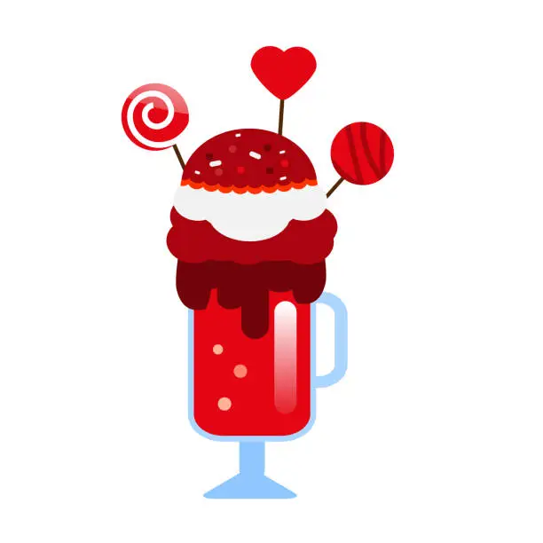 Vector illustration of Monster shake with cake pops and candies. Giant milkshake