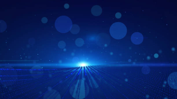 istock Dark blue abstract background with moving and flicker particles form. Backdrop of bokeh light ray effect. 969510316