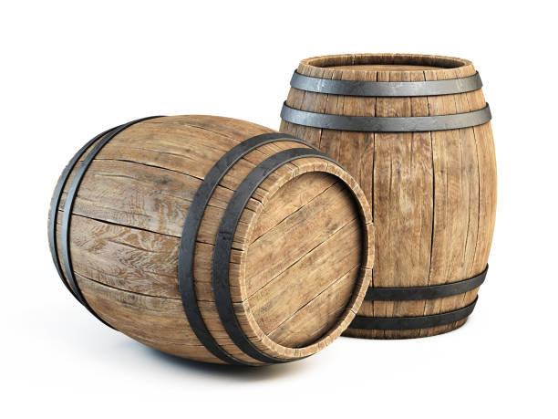 Two wooden barrels isolated on white background stock photo