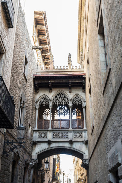 pont del bisbe (bishop bridge) in barcelona, catalonia, spain - gotic imagens e fotografias de stock