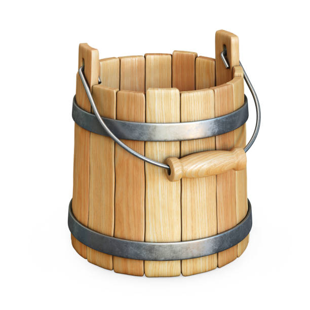 istock Empty wooden bucket with water isolated on white background 969514822