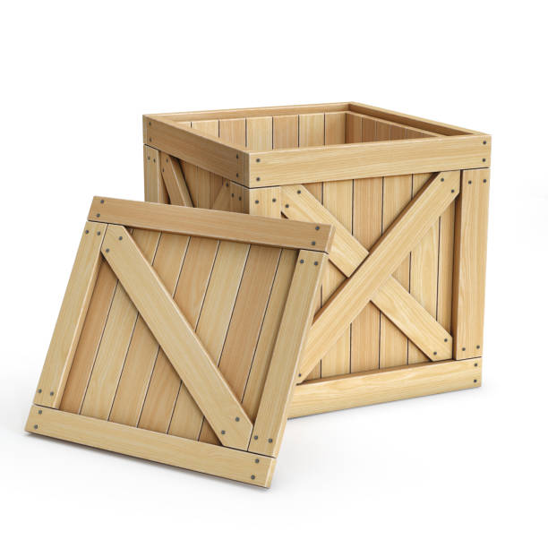 istock Open wooden crate, cargo box isolated on white background 969515030