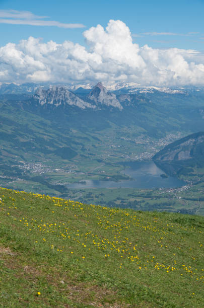 Lake surrounded by mountains and villages