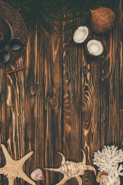 istock top view of seashells with coconuts and straw hat on wooden surface 969522338