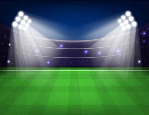 istock Soccer stadium with illumination, green grass and night sky Vector illustration. 969523174