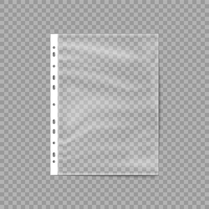 Empty Plastic Bag. Punched pocket. Business File. Sheet protector isolated on a transparent background. Vector illustration.