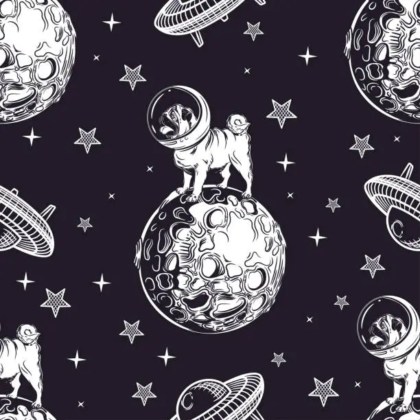 Vector illustration of A seamless pattern depicting a pug in a cosmic helmet, planets, stars and flying saucers