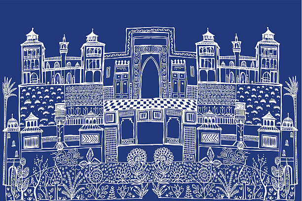 Islamic City Scape Islamic City Scape in blue and White complete with palm trees and a garden egyptian palace stock illustrations