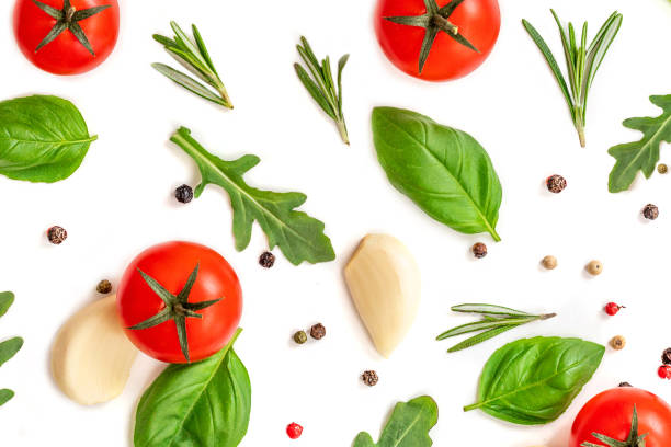istock Fresh vegetables seamless pattern with  herbs and spices. Isolated on white background. Top view