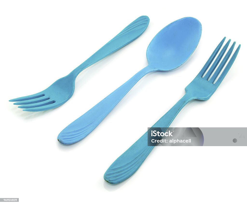 Dois azuis forkes e Colher - Royalty-free Branco Foto de stock
