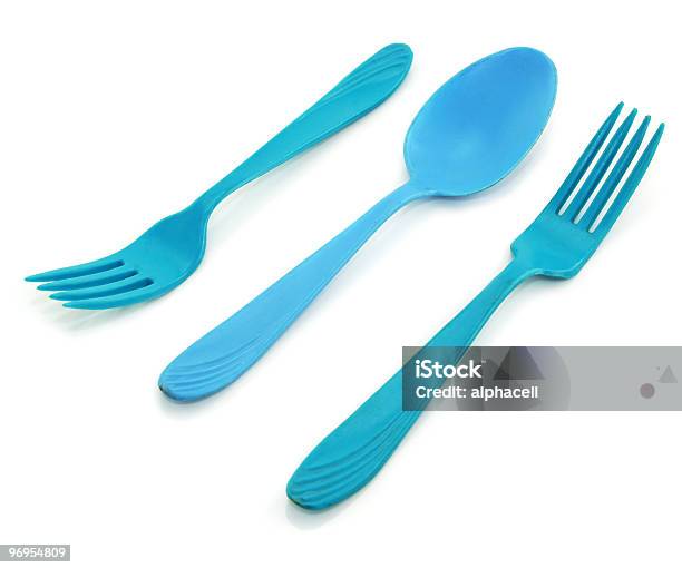 Dois Azuis Forkes E Colher - Fotografias de stock e mais imagens de Branco - Branco, Brinquedo, Colher - Talheres